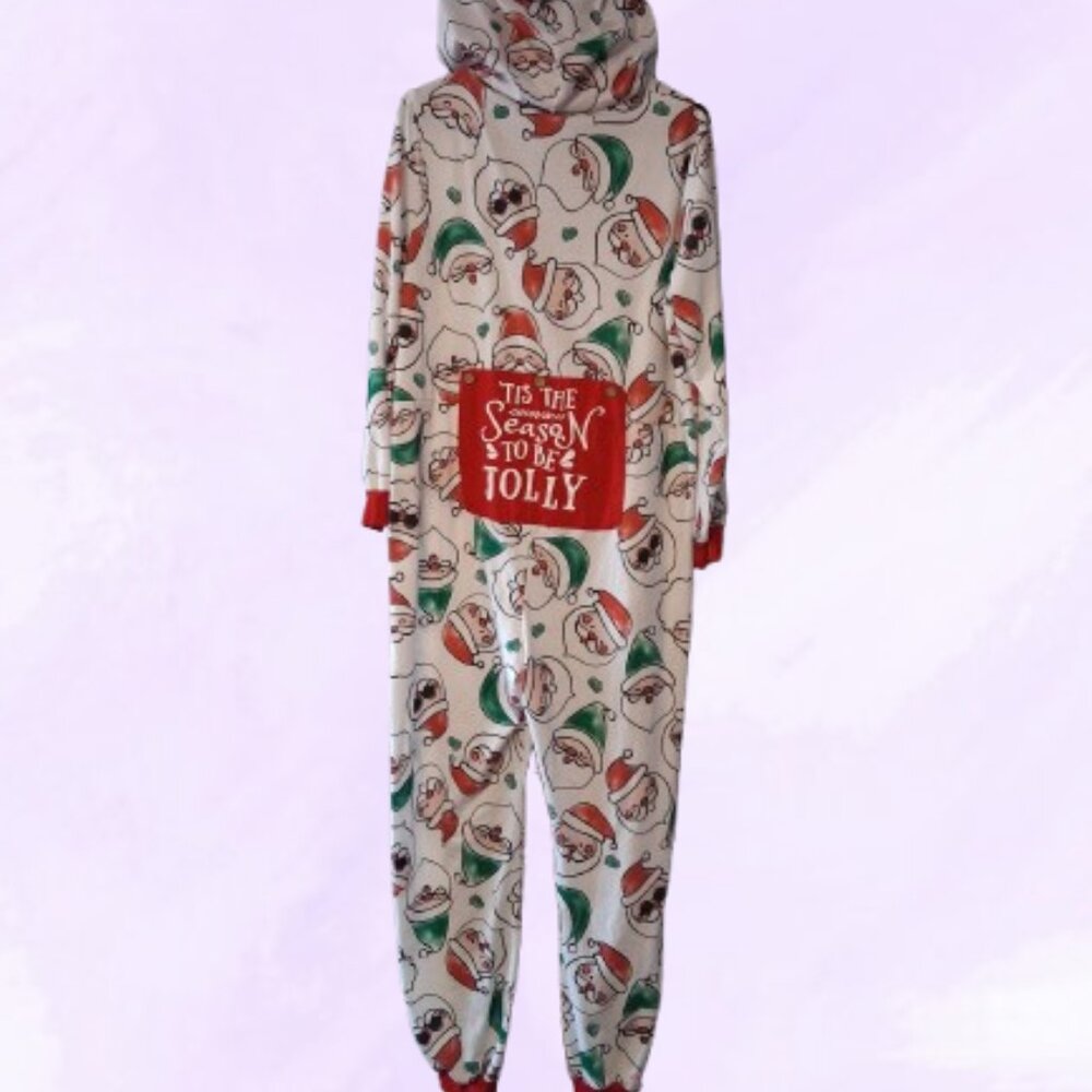 PatPat women's all over santa faces onesies pj pajamas in white, red and green L